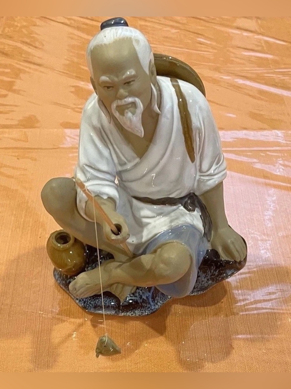 Vintage Chinese Shiwan Mudman Fisherman Figurine With Fish MCM Mid-Century Decor